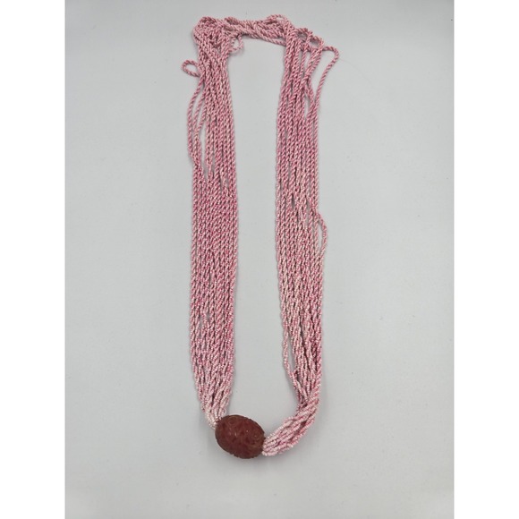 Vintage Multi-Strand Pink & White Seed Bead Necklace with Carved Cinnabar Focal - Picture 6 of 9